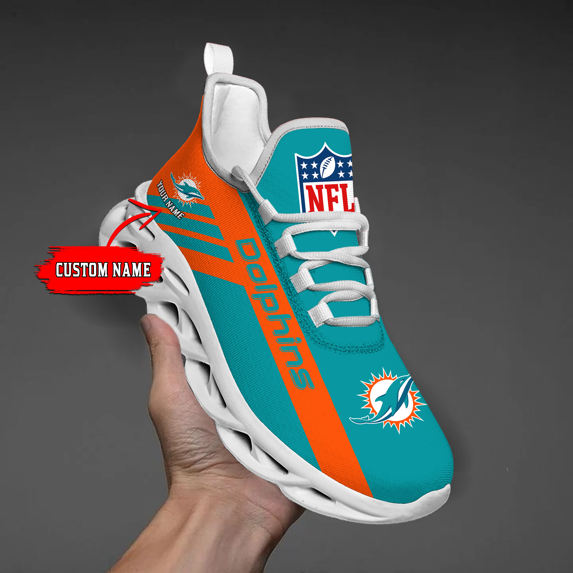 1 Custom Name   Miami Dolphins    PERSONALIZED MAX SOUL SHOES  T3